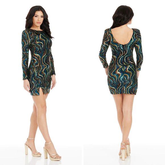 Dress the Population Black Label Nathalia Sequined Long-Sleeve Mini Dress XXL - Picture 1 of 16
